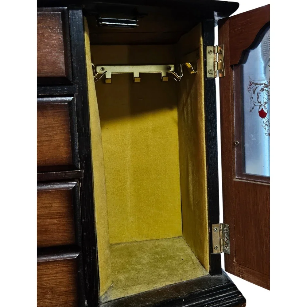 Vintage MCM Wooden Jewelry Armoire Etched Glass Doors & 4 Drawers Dresser 10.5